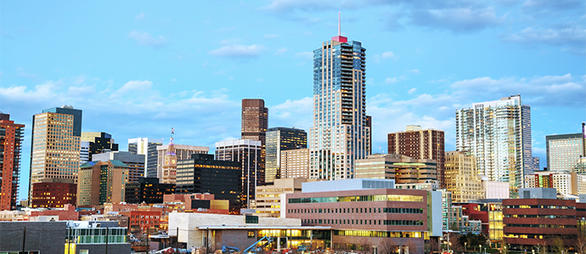 Dusk view of Downtown Denver skyline